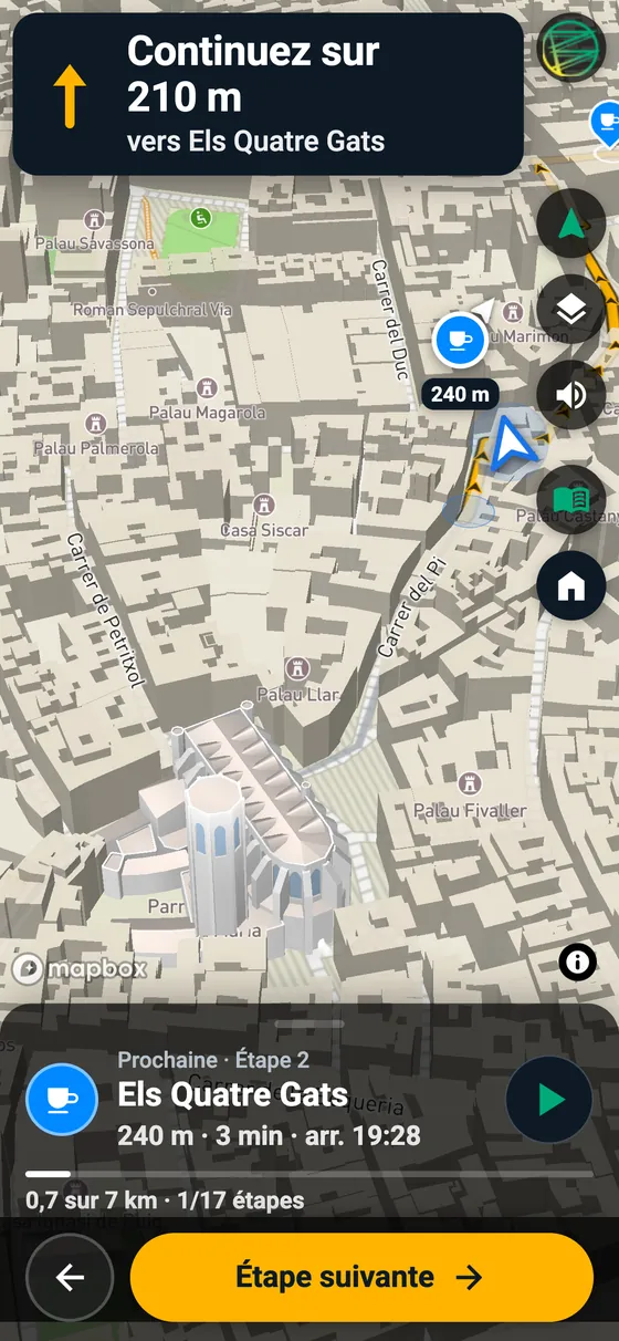 Le guidage à pied dans Barcelone sur téléphone : prochaine étape, distance et chemin à suivre