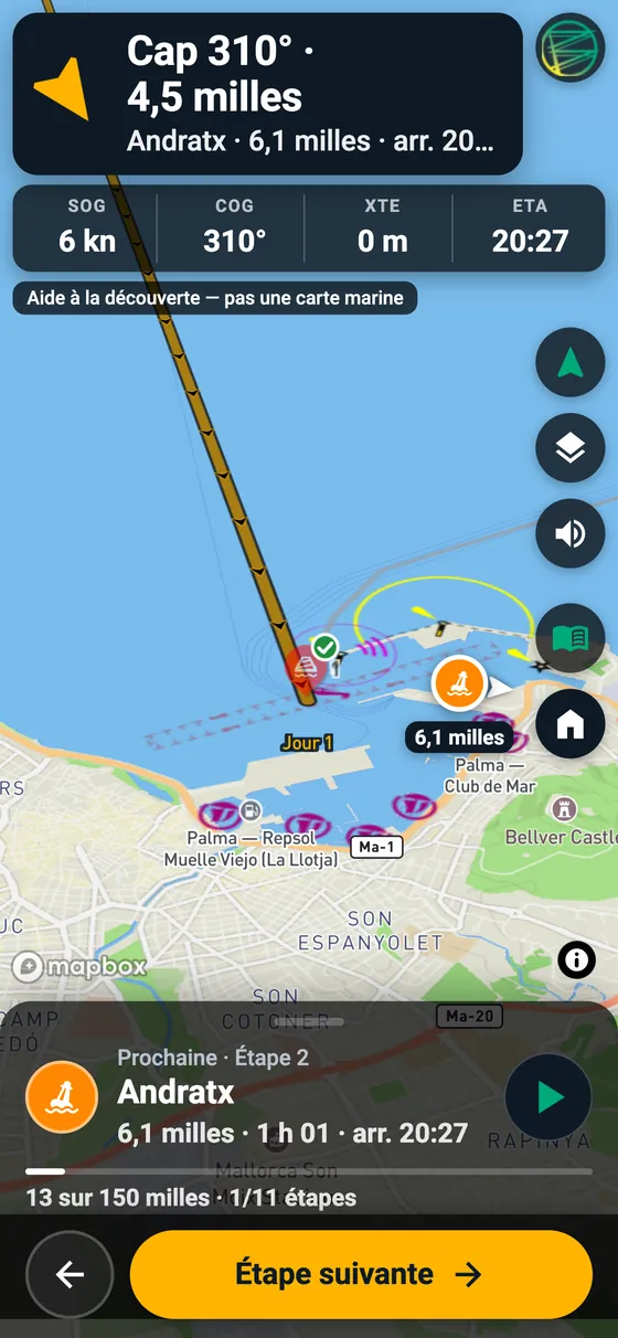 Le guidage en mer sur téléphone : vitesse, cap, écart de route et heure d'arrivée